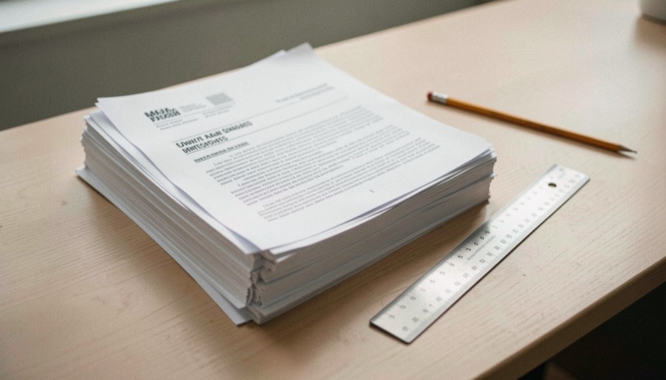 Illustrative image: a plain editorial desk with a stack of photocopied statute pages, a ruler and a pencil, seen at an angle in daylight