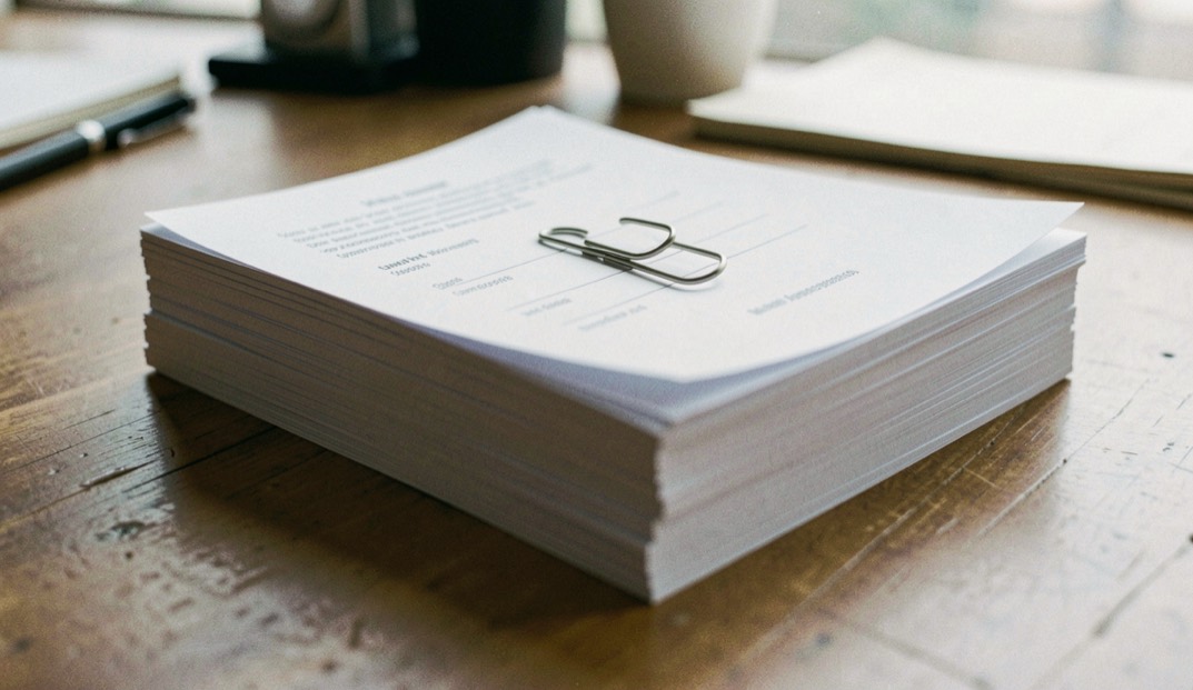 Illustrative image: a stack of printed orders squared on a table with a paper clip on the top sheet, no text legible
