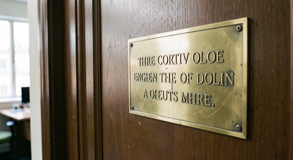 Illustrative image: an engraved brass plaque beside a heavy office door, the lettering visible but the words not legible