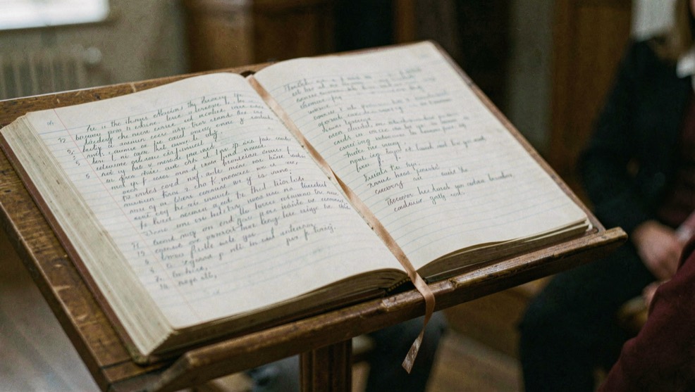 Illustrative image: a bound register open on a lectern, ruled columns filled with handwriting too small to read, a ribbon marker in place