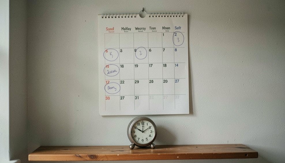 Illustrative image: a paper wall calendar with several dates circled in pencil, a small clock standing on the shelf beneath it