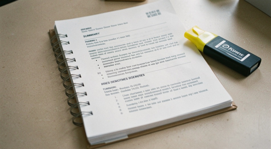 Illustrative image: a stapled report open at a summary page, a yellow highlighter uncapped across the margin, plain desk surface