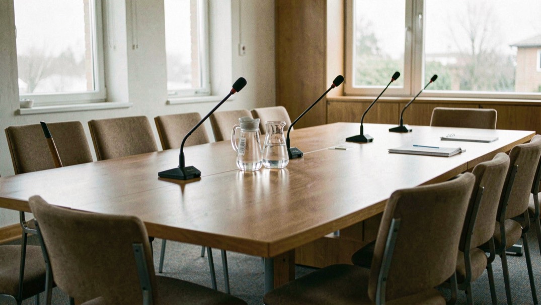 Illustrative image: an empty panel table in a public meeting room, microphones on stands and a carafe of water, chairs pushed in
