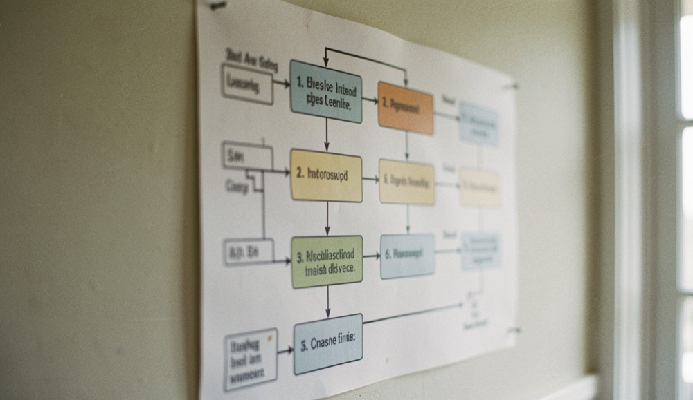 Illustrative image: a wall mounted process chart with numbered boxes and connecting arrows, the labels blurred beyond reading