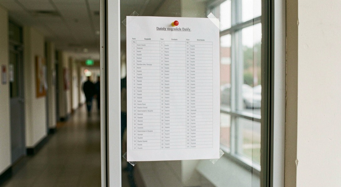 Illustrative image: a printed daily list pinned behind glass in a public corridor, columns of entries reduced to grey lines