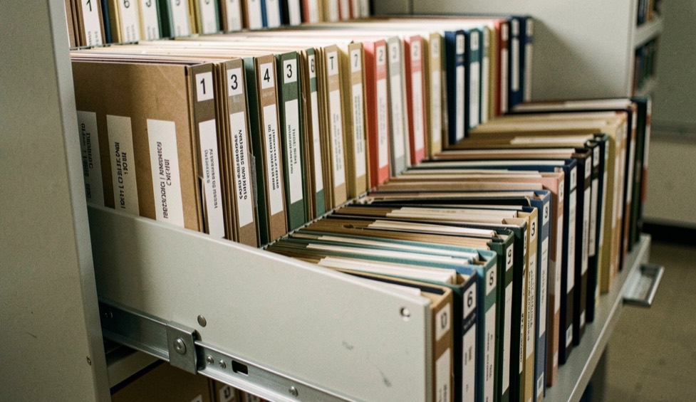 Illustrative image: rows of numbered case folders standing upright in a long archive tray pulled out from a cabinet