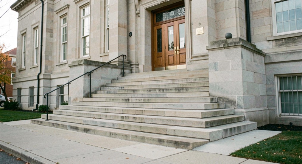 Illustrative image: a stone courthouse facade with a broad flight of steps, seen from the pavement in flat morning light