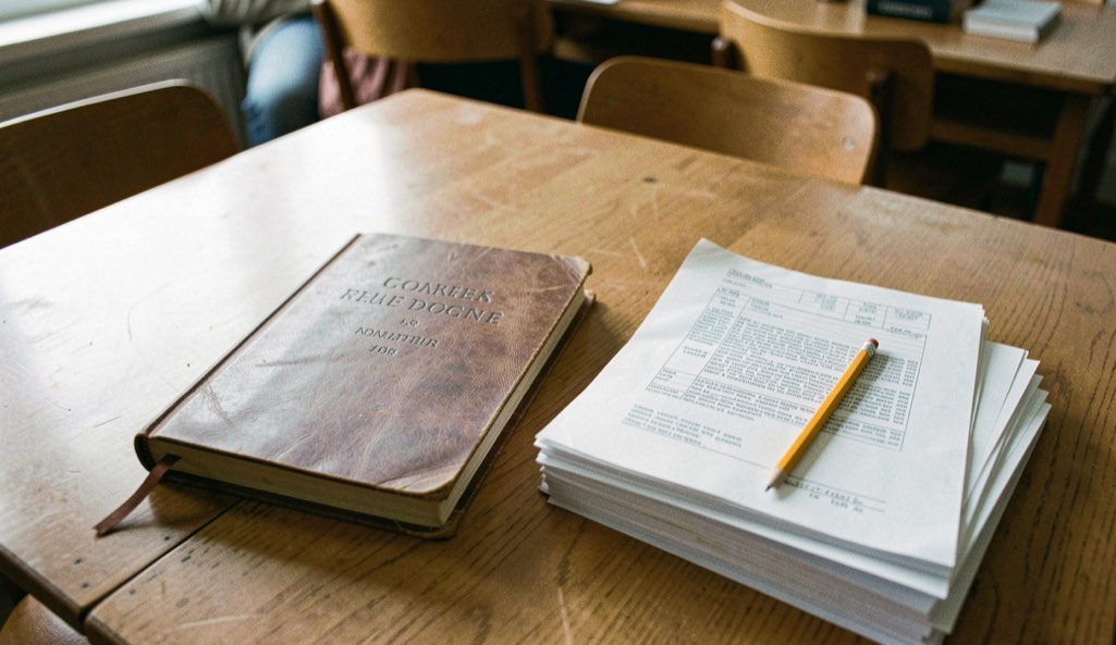 Illustrative image: a public reading room table seen from above, a bound docket book open beside a stack of photocopied pages and a pencil