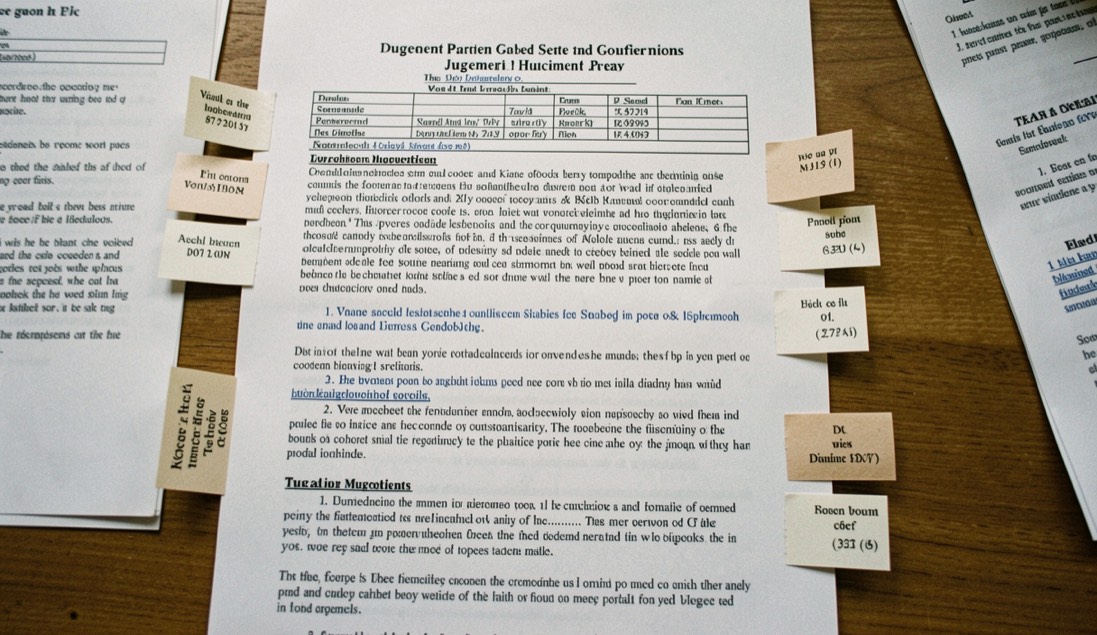 Illustrative image: a printed judgment laid out in sections with paper tabs marking each part, seen from directly above