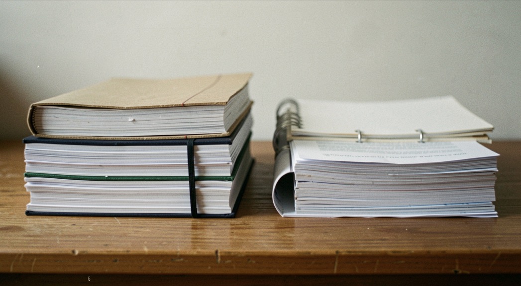 Illustrative image: two identical document stacks side by side on a table, one bound and one loose leaf, plain background