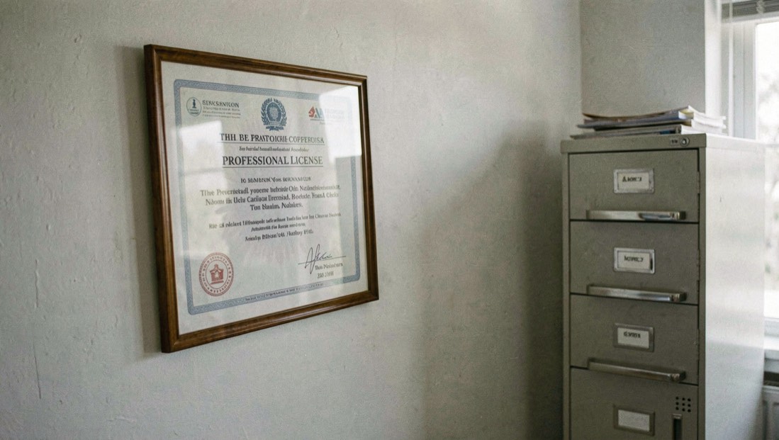 Illustrative image: a framed professional licence certificate hanging slightly askew on a plain painted office wall beside a filing cabinet