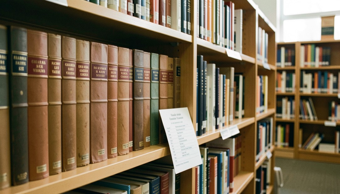 Illustrative image: a public library reference shelf with statute volumes and a small printed directory card standing on the shelf edge
