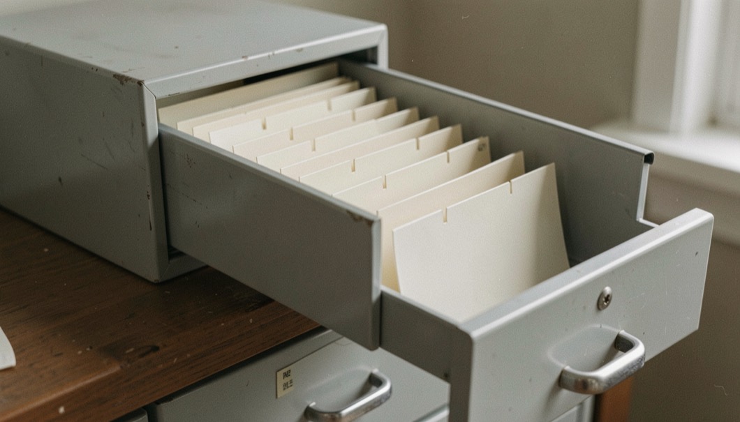 Illustrative image: a metal card index drawer standing half open with blank alphabetical dividers and no legible writing