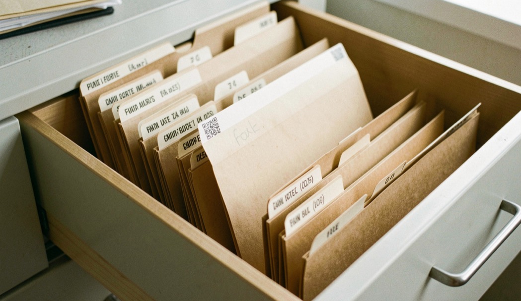 Illustrative image: an open filing drawer of manila folders with printed tabs, one folder lifted clear of the others under office light