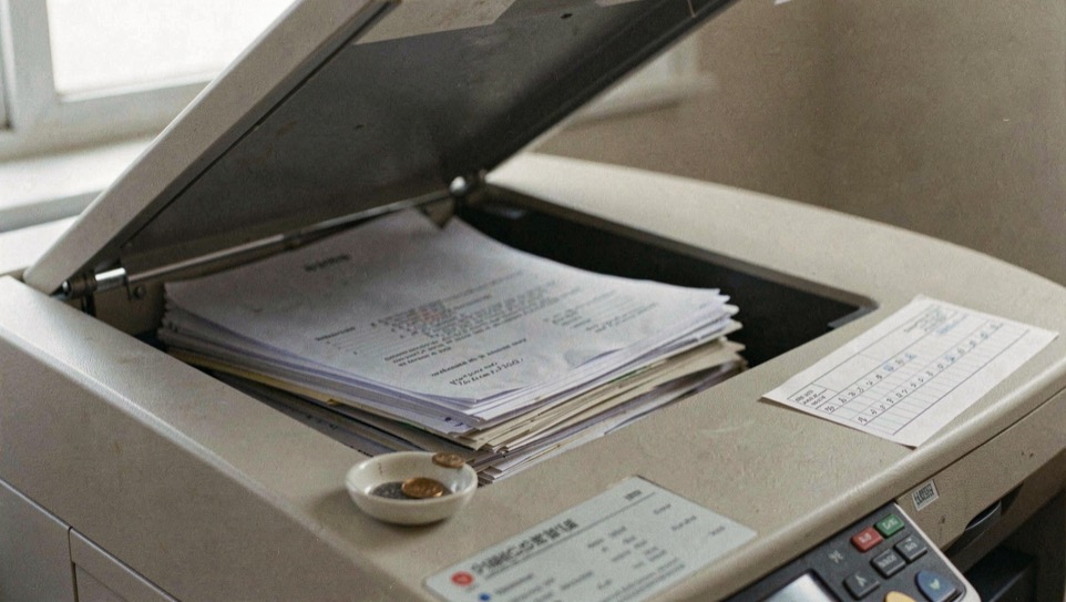 Illustrative image: a photocopier lid raised over a stack of loose pages, a small coin dish and a tally sheet on the machine’s edge