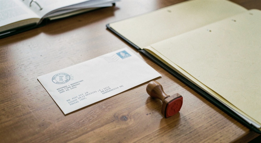 Illustrative image: a returned envelope face down on a desk beside an unopened folder, a small red rubber stamp lying nearby