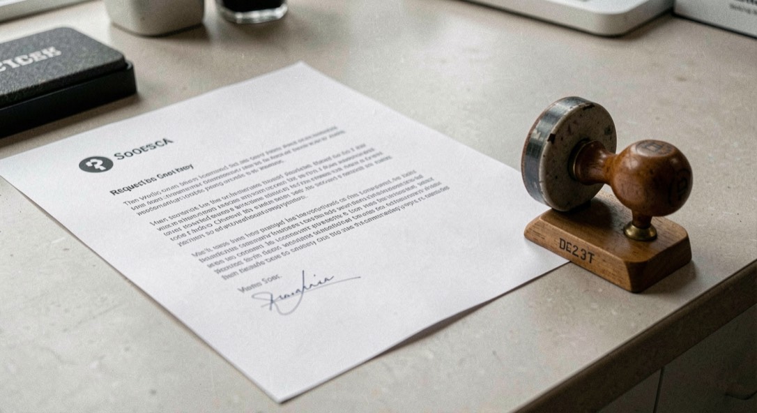 Illustrative image: a printed request letter lying on a counter beside a date stamp and an inked pad, the stamp face turned away